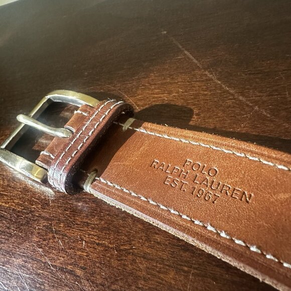Polo Ralph Lauren Belt Mens 36/90 Brown Full Grain Leather Gold Buckle Stamped - Picture 1 of 9